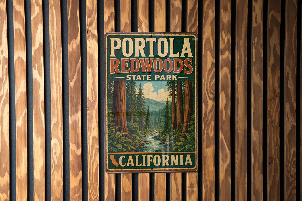 A vintage-style metal sign for Portola Redwoods State Park in California, featuring a scenic illustration of the park's forested landscape.