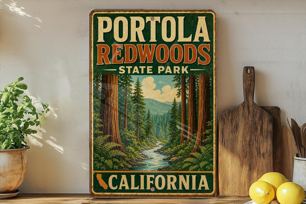A vintage-style sign for Portola Redwoods State Park in California, featuring a scenic illustration of the park's forest and a winding river.