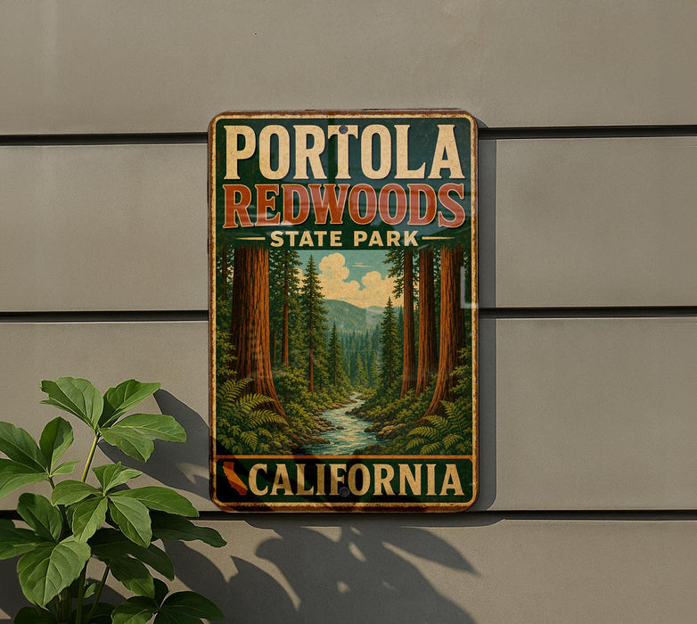 A vintage-style metal sign for Portola Redwoods State Park in California, featuring a scenic illustration of the park's forest and a river.