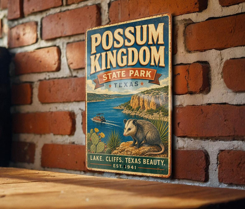 A vintage-style sign for POSSUM KINGDOM STATE PARK, featuring an illustration of a lake, cliffs, and an opossum, mounted on a brick wall.
