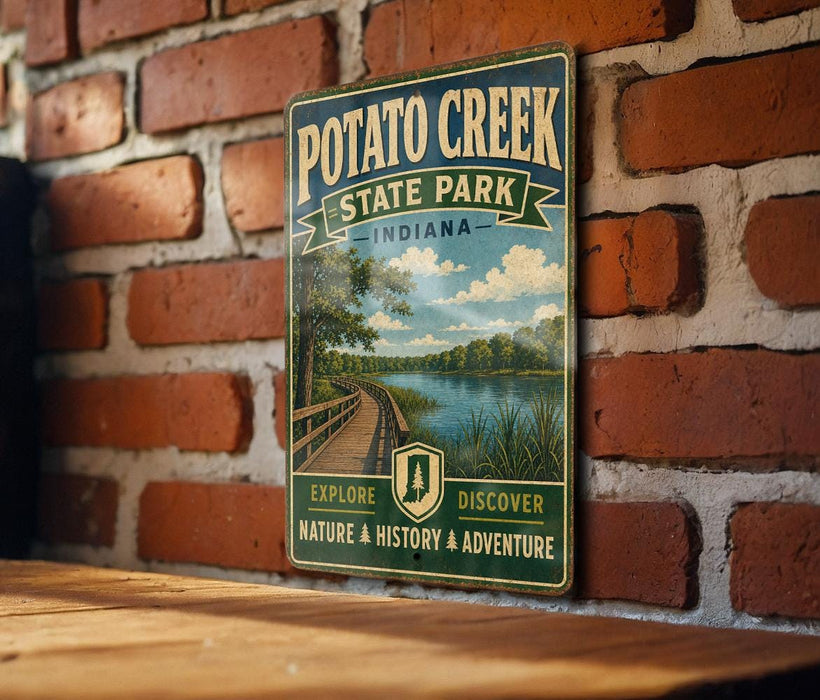 A vintage-style metal sign for Potato Creek State Park in Indiana, featuring a scenic illustration of a wooden boardwalk and a river.