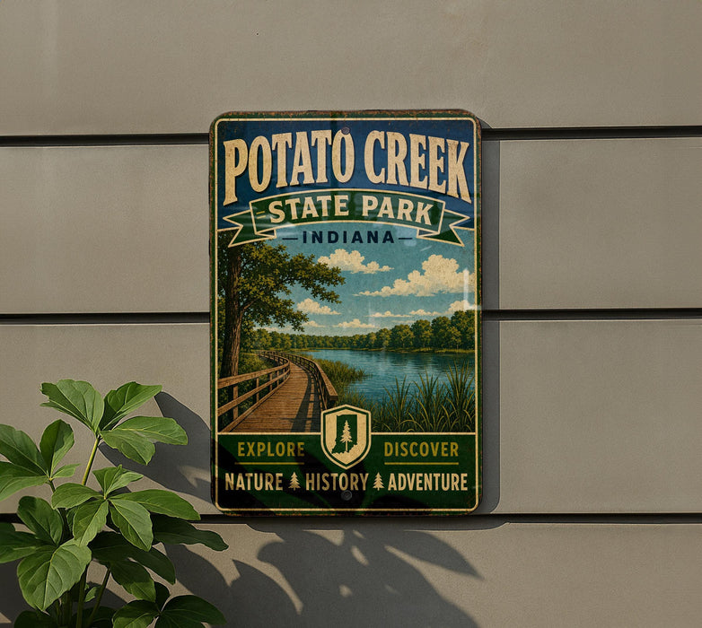 A vintage-style sign for Potato Creek State Park in Indiana, featuring a scenic image of a river and a wooden boardwalk.