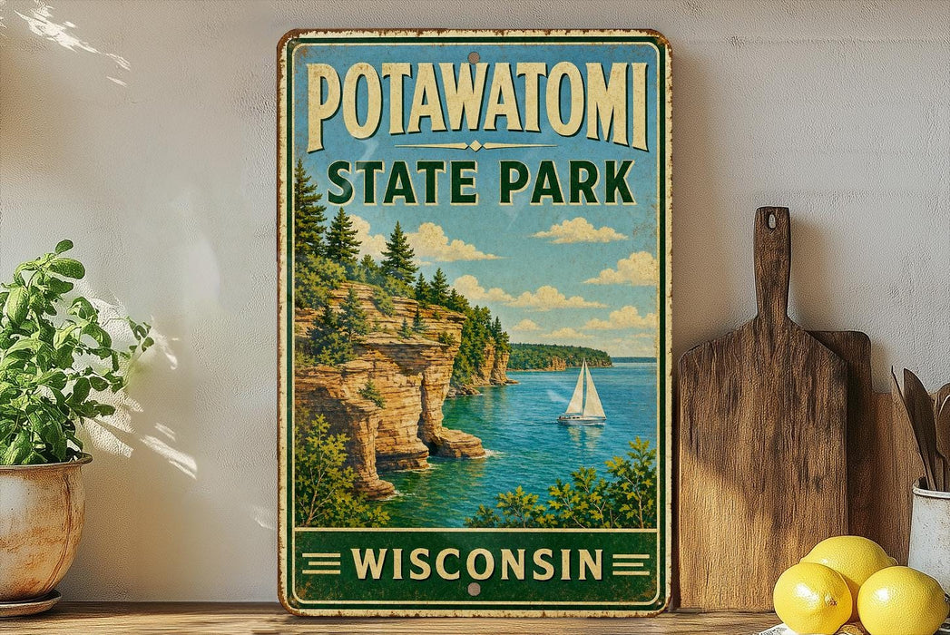 A vintage-style sign for Potawatomi State Park in Wisconsin, featuring a scenic image of a lake with a sailboat and cliffs.