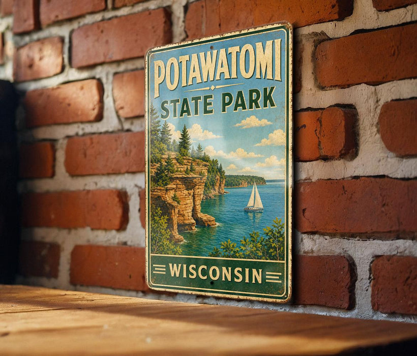 A vintage-style metal sign for Potawatomi State Park in Wisconsin, featuring a scenic landscape with a sailboat on the water.