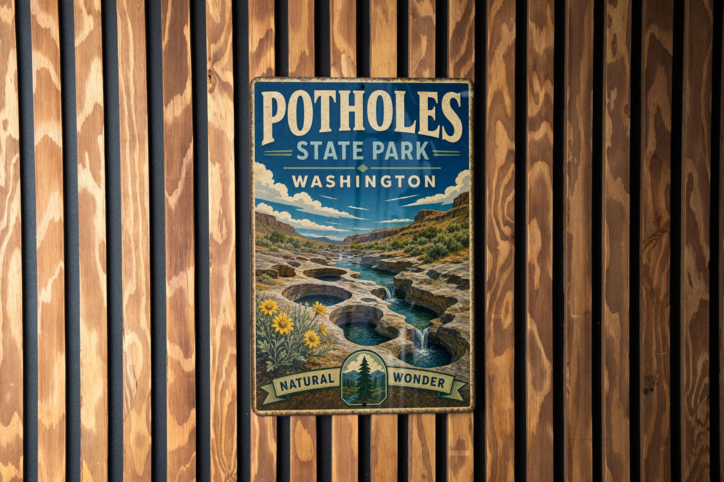 A vintage-style metal sign for Potholes State Park in Washington, featuring a scenic landscape with a river, mountains, and a waterfall.