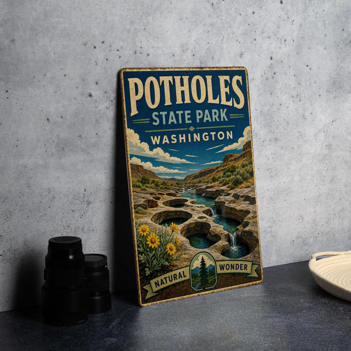 A vintage-style sign for Potholes State Park in Washington, featuring a scenic landscape with a river, mountains, and a waterfall.