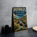 A vintage-style sign for Potholes State Park in Washington, featuring a scenic landscape with a river, mountains, and a waterfall.