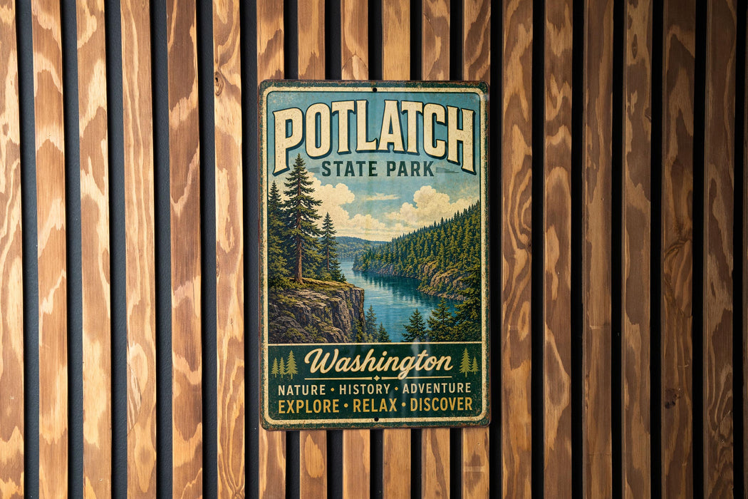 A vintage-style metal sign for Potlatch State Park, featuring a scenic landscape with a river and pine trees, mounted on a wooden wall.