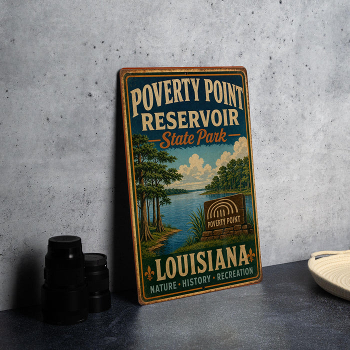 A vintage-style sign for Poverty Point Reservoir State Park in Louisiana, featuring a scenic illustration of the park and its surroundings.