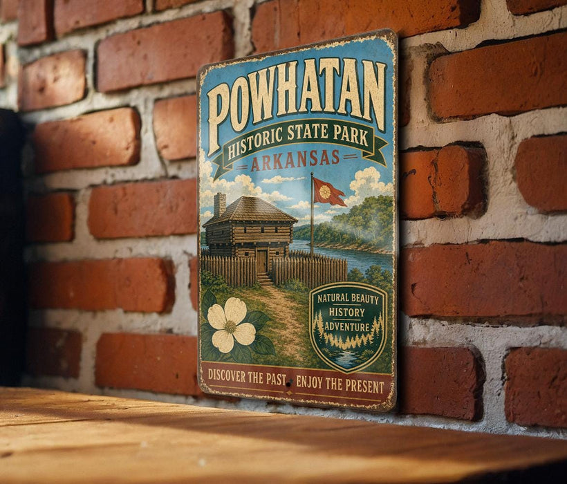 A vintage-style metal sign for Powhatan Historic State Park in Arkansas, featuring an illustration of a wooden cabin and a river.
