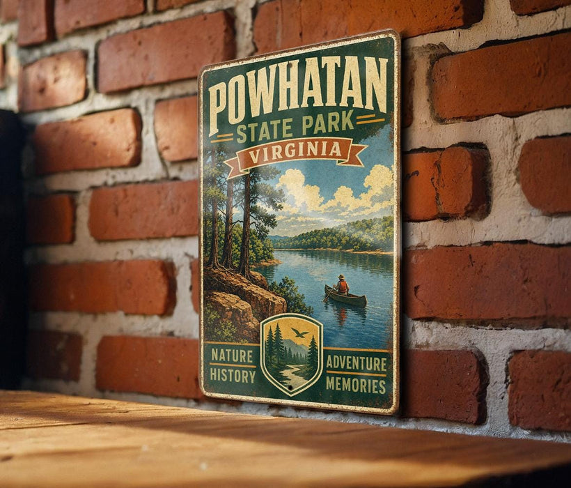 A vintage-style metal sign for Powhatan State Park in Virginia, featuring a scenic landscape with a person in a canoe on a river.