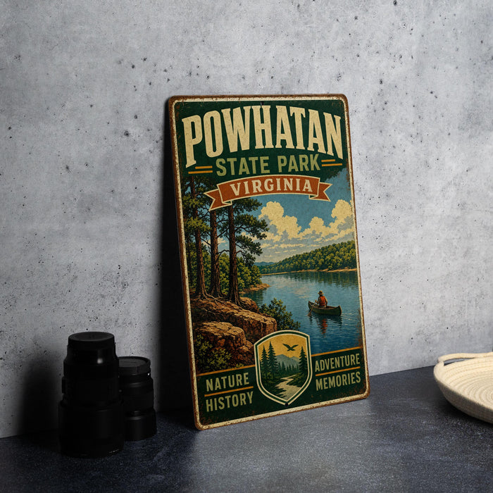 A vintage-style metal sign for Powhatan State Park, Virginia, featuring a scenic landscape with a lake, trees, and a person in a canoe.