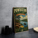 A vintage-style metal sign for Powhatan State Park, Virginia, featuring a scenic landscape with a lake, trees, and a person in a canoe.