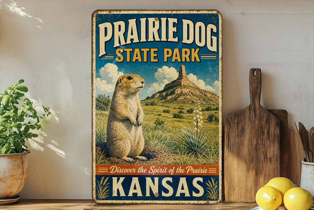 A vintage-style metal sign for Prairie Dog State Park in Kansas, featuring an illustration of a prairie dog in a field with a mountain in the background.