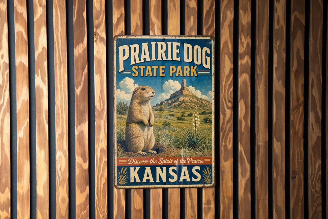 A vintage metal sign for Prairie Dog State Park in Kansas, featuring an illustration of a prairie dog in a grassy field with mountains in the background.