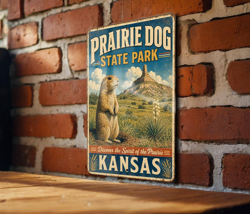 A vintage metal sign for Prairie Dog State Park in Kansas, featuring an illustration of a prairie dog in a grassy field with mountains in the background.