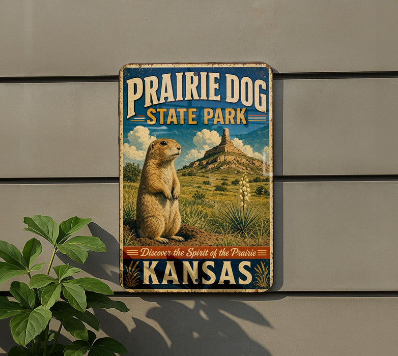 A vintage metal sign for Prairie Dog State Park in Kansas, featuring an illustration of a prairie dog in a grassy field with a mountain in the background.