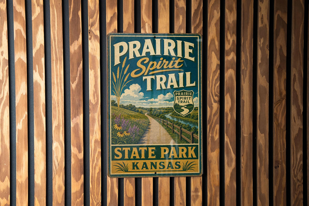 A vintage metal sign for the Prairie Spirit Trail in State Park, Kansas, mounted on a wooden wall.