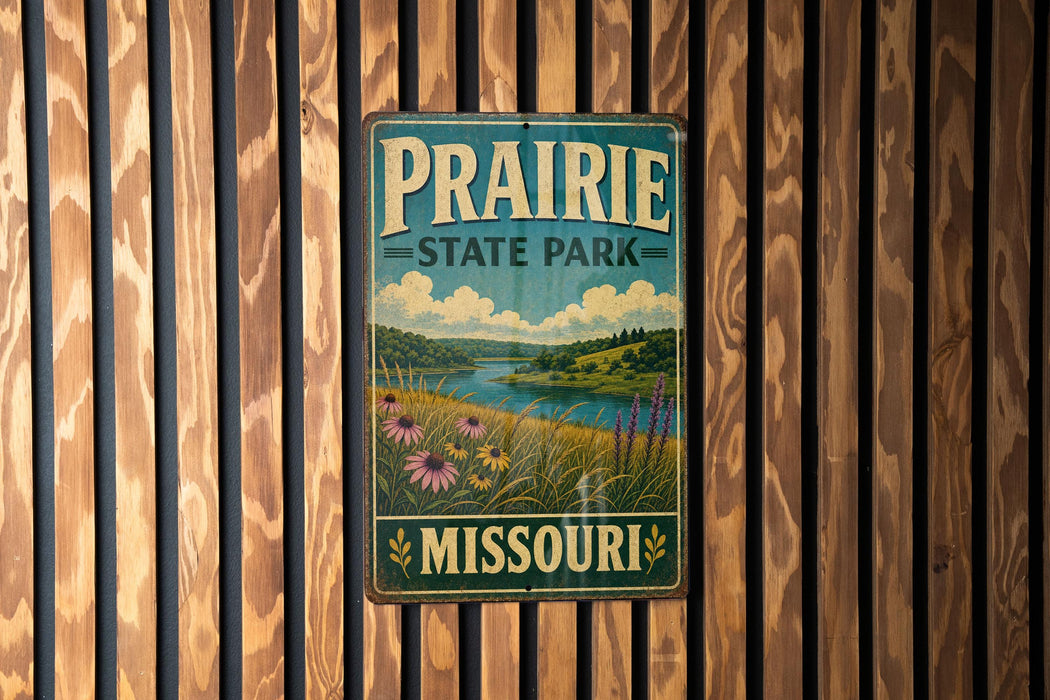 A vintage metal sign for Prairie State Park in Missouri, featuring a scenic landscape with a river, grass, and wildflowers.