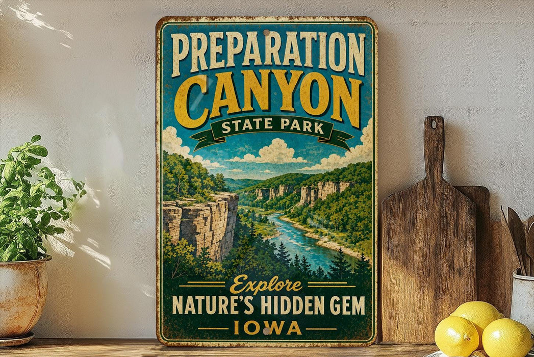 a vintage-style sign for Preparation Canyon State Park, with a scenic illustration of the canyon and a river. The sign encourages visitors to explore nature's hidden gem, Iowa.