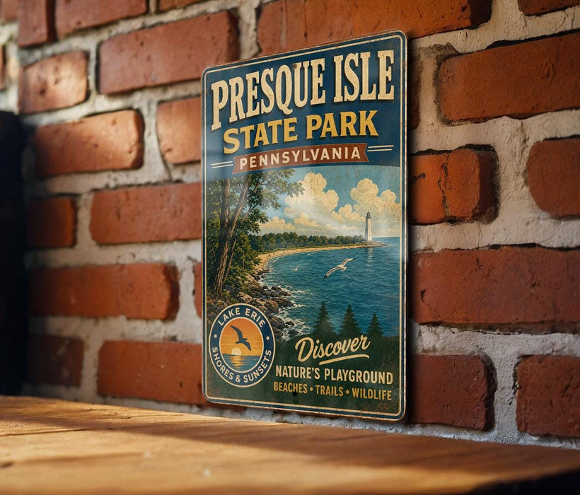A vintage-style metal sign for Presque Isle State Park in Pennsylvania, featuring a scenic image of the park's shoreline and lighthouse.