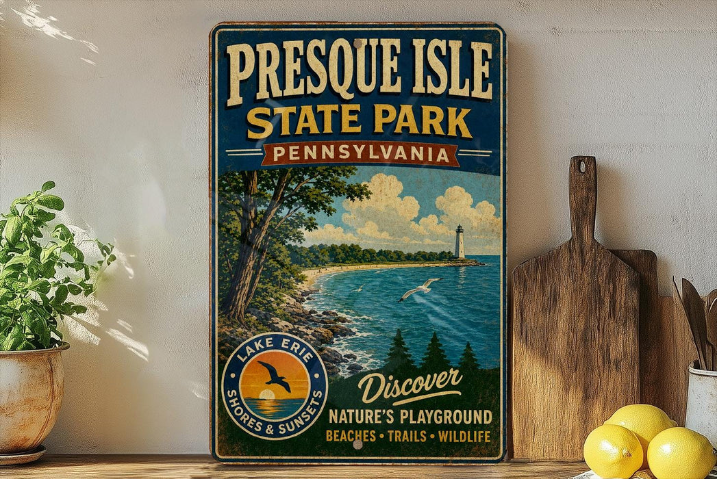A vintage-style sign for Presque Isle State Park in Pennsylvania, featuring a scenic image of the park and its surroundings.