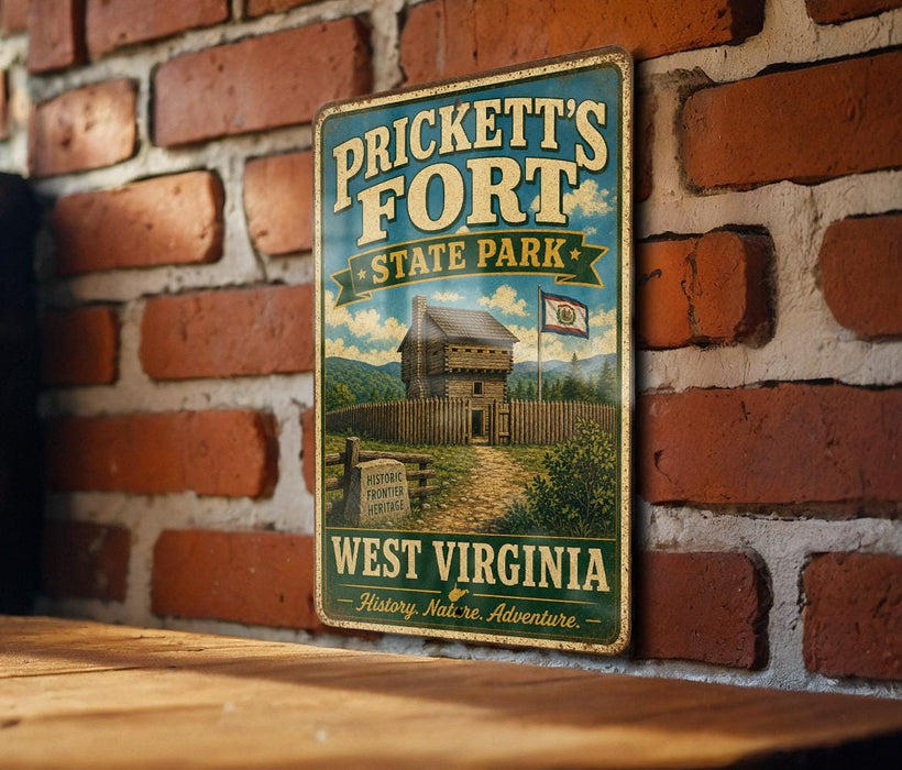 A vintage-style metal sign for Prickett's Fort State Park in West Virginia, featuring a wooden cabin and a flag.