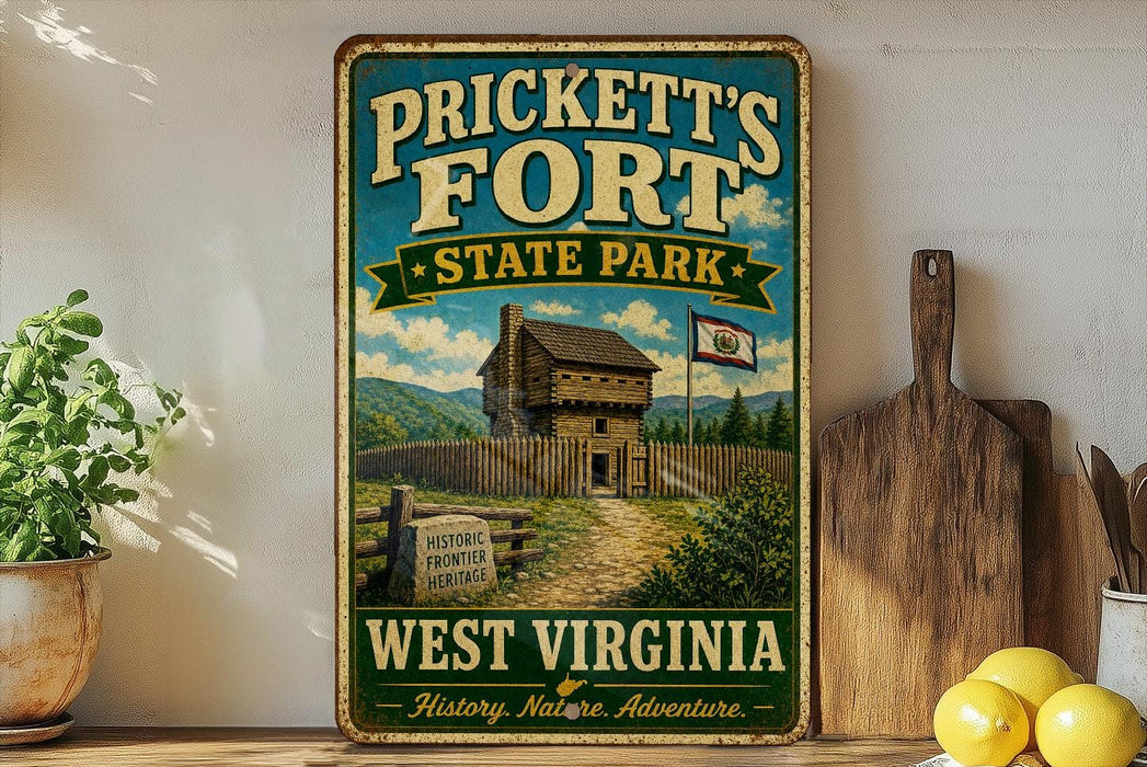 A vintage-style sign for Prickett's Fort State Park in West Virginia, featuring a wooden cabin and a sign that reads "Welcome to the Frontier Heritage".