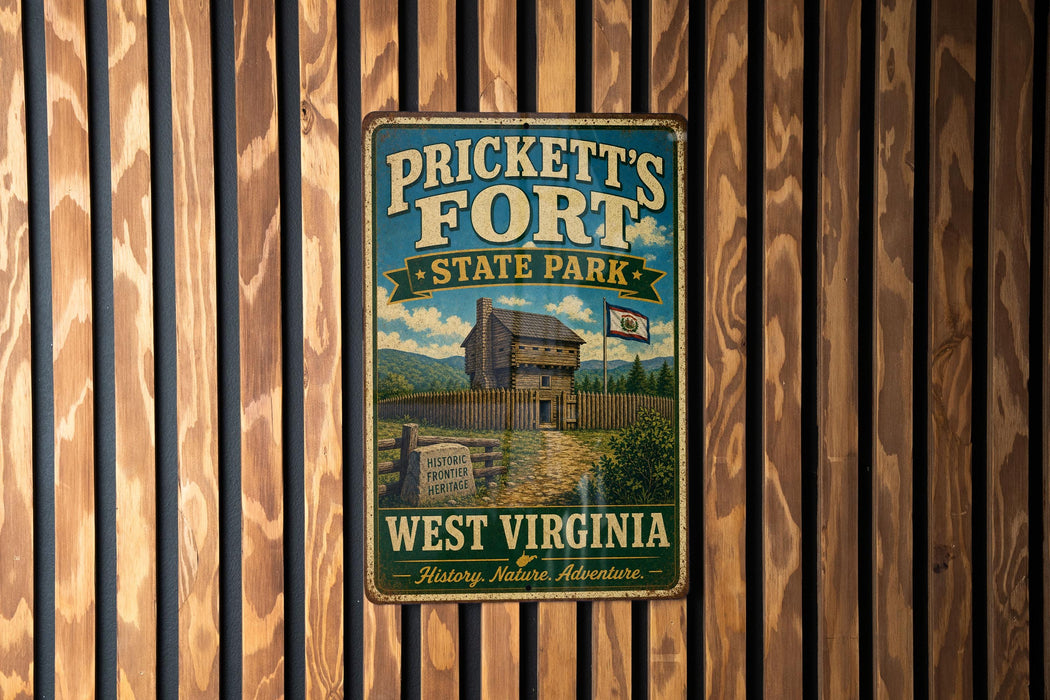 A vintage metal sign for Prickett's Fort State Park in West Virginia, featuring a cabin and a flag, mounted on a wooden wall.