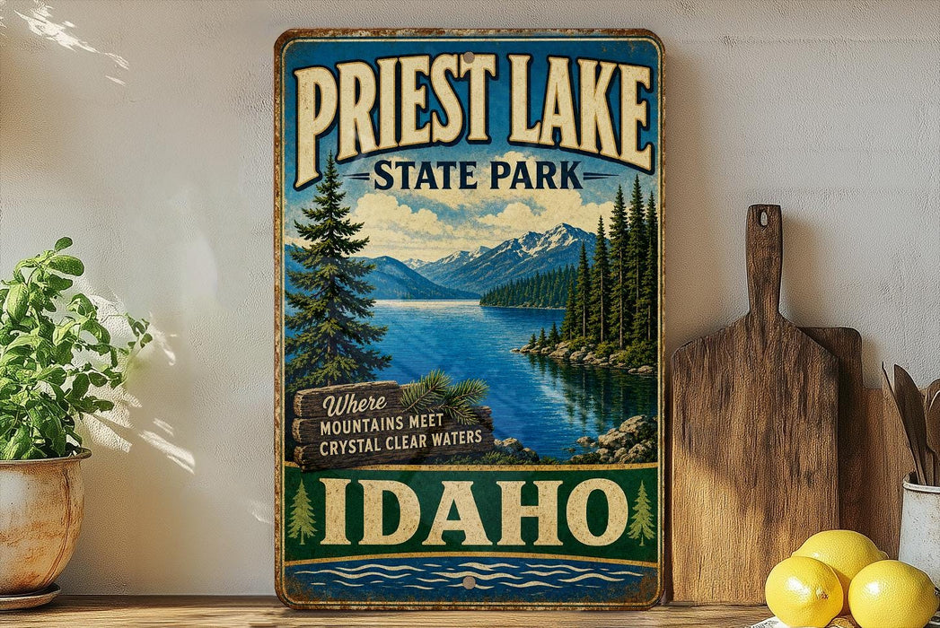 A vintage-style sign for Priest Lake State Park in Idaho, featuring a scenic mountain landscape with a lake and pine trees.