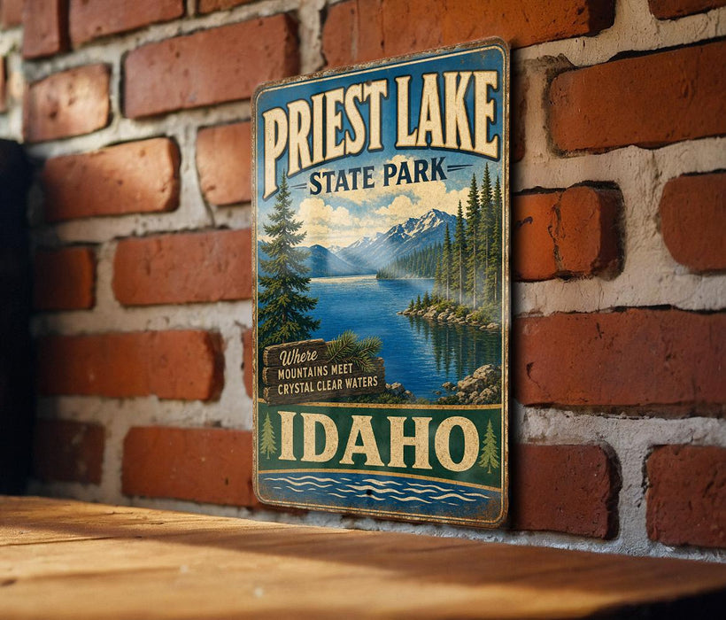 A vintage metal sign for Priest Lake State Park in Idaho, featuring a scenic landscape with mountains, trees, and a lake.