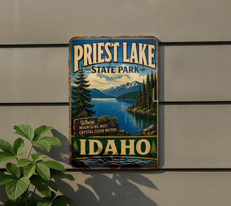 A vintage-style sign for Priest Lake State Park in Idaho, featuring a scenic mountain landscape with a lake and pine trees.