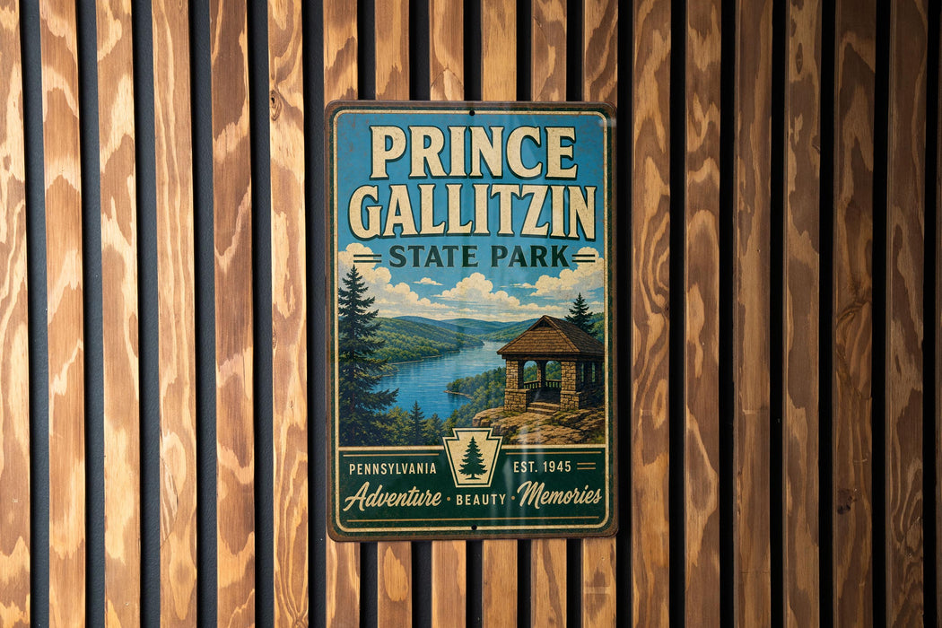 A vintage metal sign for Prince Gallitzin State Park, featuring a scenic landscape with a cabin and a lake.