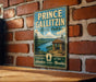 A vintage-style metal sign for Prince Gallitzin State Park, featuring a scenic landscape with a cabin and a lake.