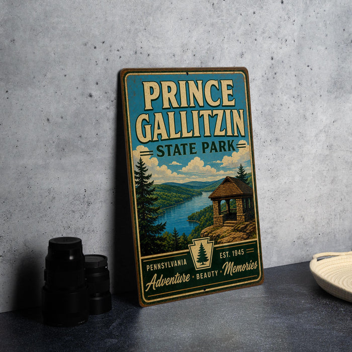 A vintage-style metal sign for Prince Gallitzin State Park, featuring a scenic landscape with a cabin and a lake.