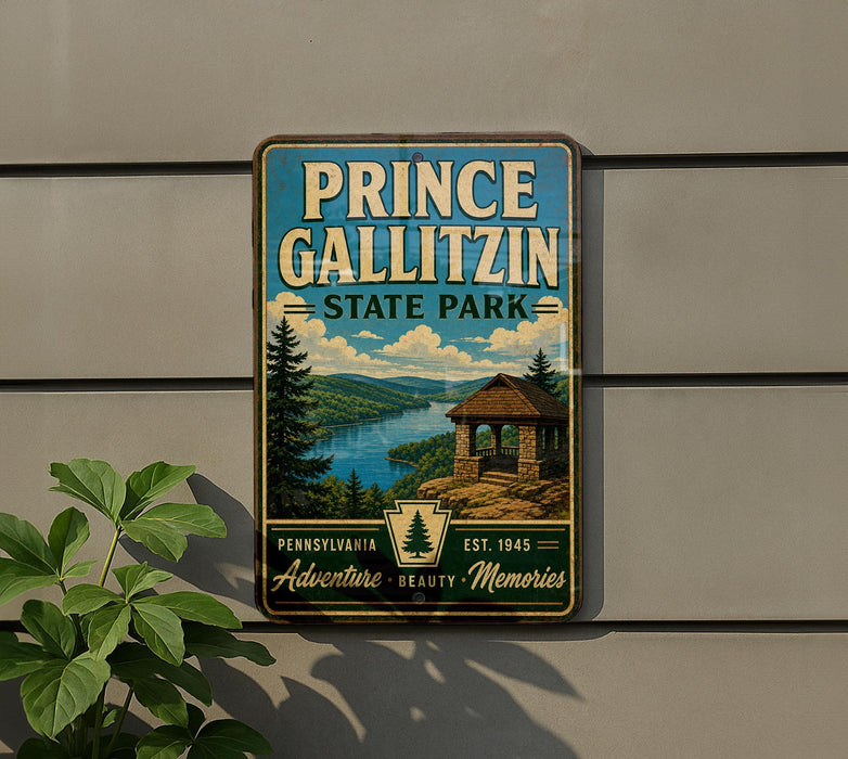 A vintage-style sign for Prince Gallitzin State Park, featuring a scenic landscape with a cabin and mountains in the background.
