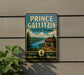 A vintage-style sign for Prince Gallitzin State Park, featuring a scenic landscape with a cabin and mountains in the background.