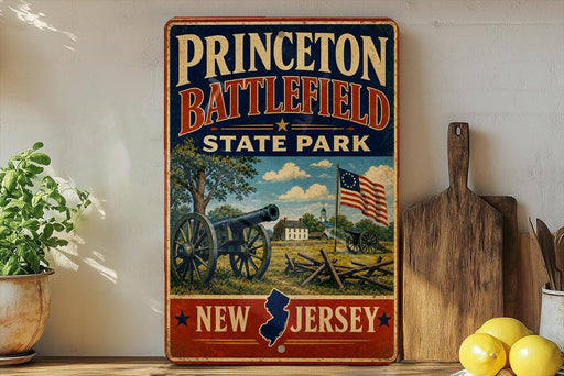A vintage metal sign for Princeton Battlefield State Park in New Jersey, featuring an illustration of a cannon and a field with a building and an American flag.