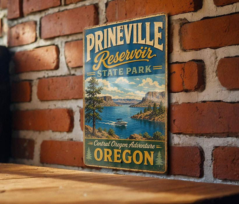 A vintage metal sign for Prineville Reservoir, a state park in Oregon, featuring a scenic landscape with mountains, a lake, and a boat.