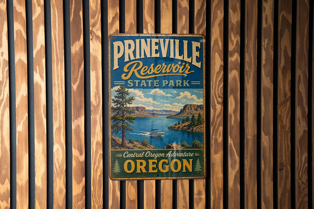 A vintage metal sign for Prineville Reservoir State Park, featuring a scenic landscape with a lake, mountains, and a boat.