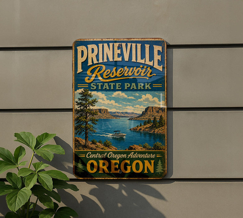 A vintage-style sign for Prineville Reservoir State Park, featuring a scenic landscape with a lake, mountains, and a boat.