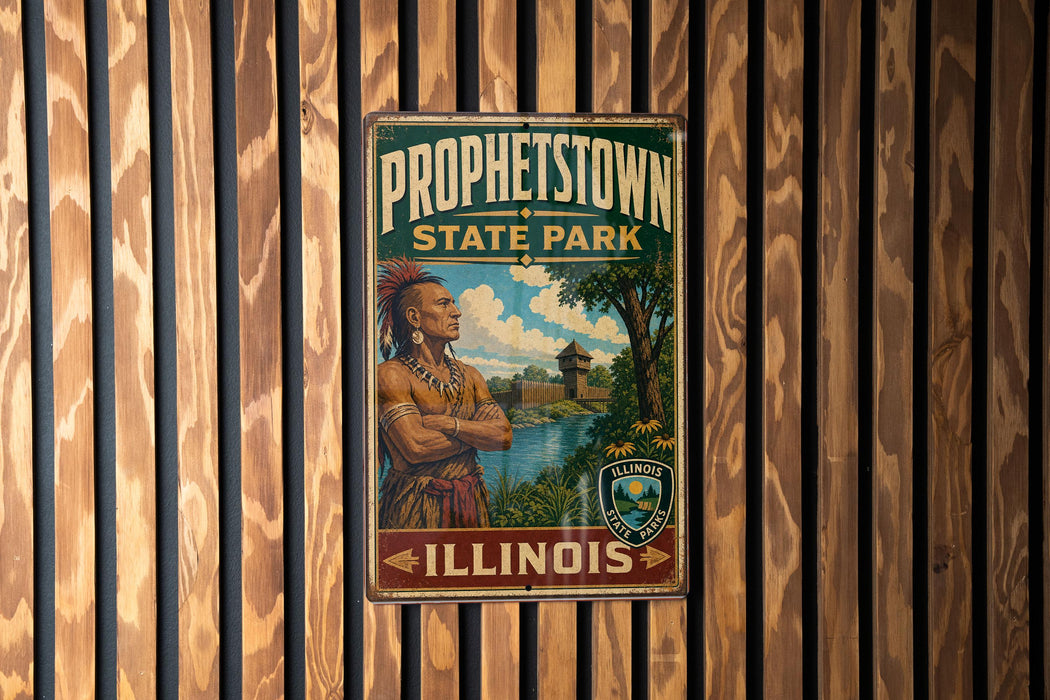 A vintage-style metal sign for "Prohétown State Park" in Illinois, featuring an illustration of a Native American man with a headdress.
