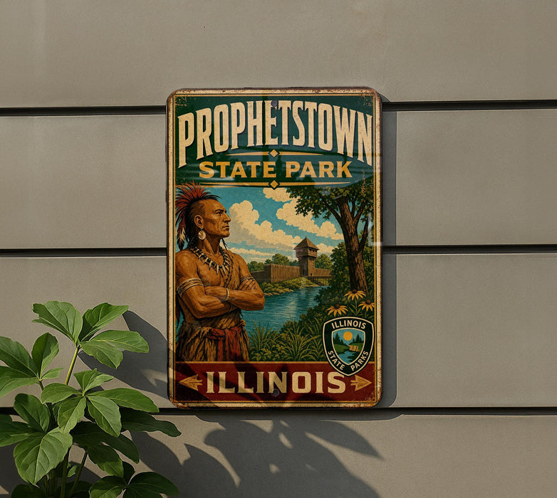 A vintage-style metal sign for "Propellerstown State Park" in Illinois, featuring an illustration of a Native American man with a bird perched on his head.