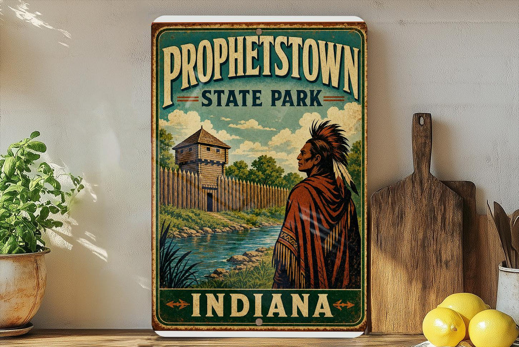 A vintage-style poster of Prophetstown State Park in Indiana, featuring a Native American figure in traditional clothing standing in front of a wooden structure.