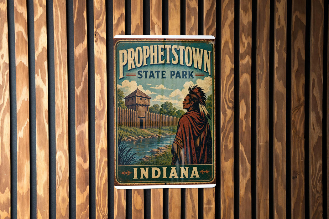 A vintage-style poster for "Protestown State Park" in Indiana, featuring a Native American figure in traditional attire standing in front of a wooden structure.