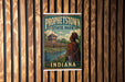 A vintage-style poster for "Protestown State Park" in Indiana, featuring a Native American figure in traditional attire standing in front of a wooden structure.