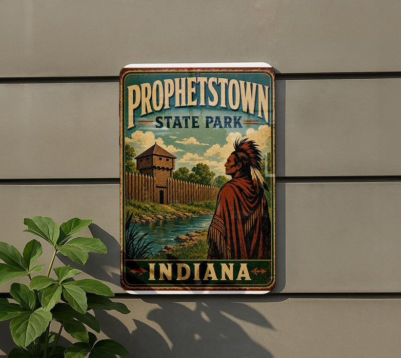 A vintage-style sign for "Prophetstown State Park" in Indiana, featuring an illustration of a Native American figure in traditional clothing standing in front of a fort or castle.