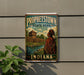 A vintage-style sign for "Prophetstown State Park" in Indiana, featuring an illustration of a Native American figure in traditional clothing standing in front of a fort or castle.