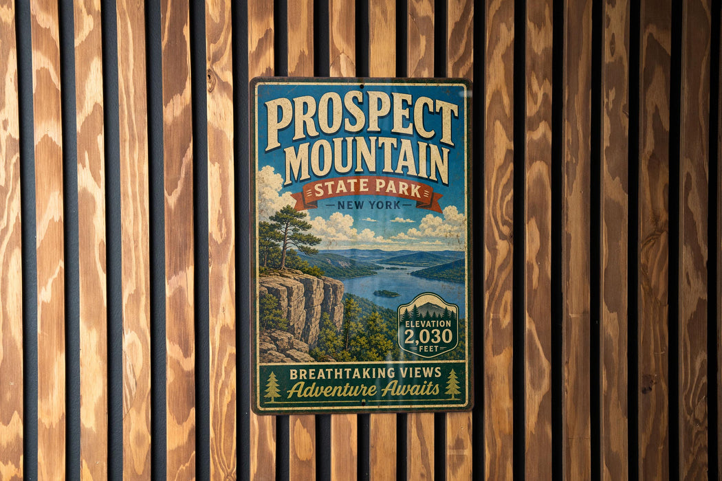 A vintage-style metal sign for Prospect Mountain State Park in New York, featuring a scenic mountain landscape and the text "Prospect Mountain State Park New York" along with the date "2:30".