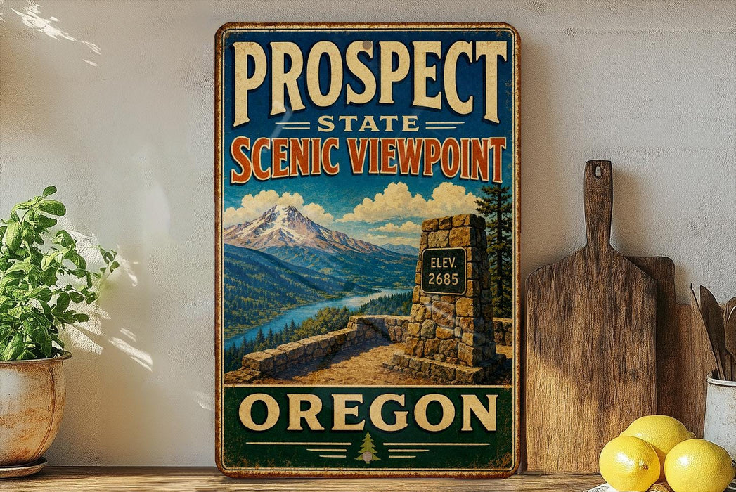 a vintage-style sign for the Prospect State Scenic Viewpoint in Oregon, with a mountain landscape and a stone structure in the foreground.